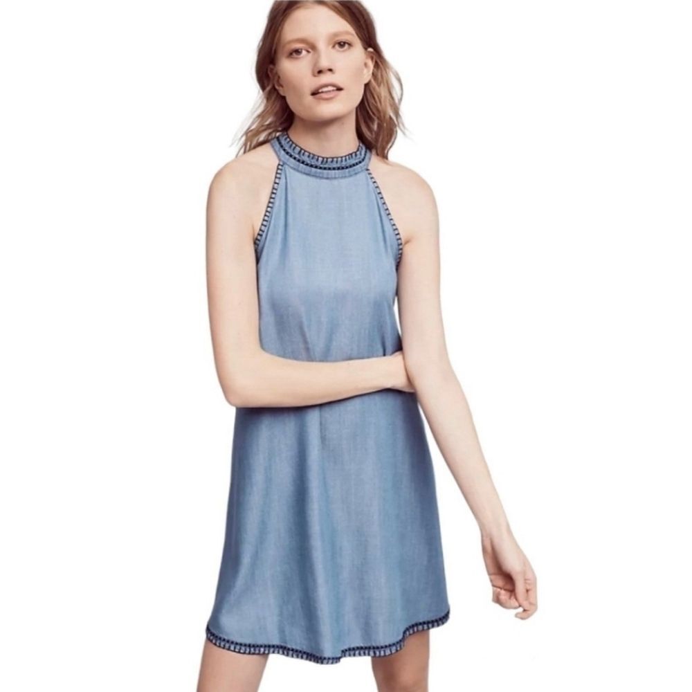 Anthro Cloth & Stone Blue Ombre' Chambray Mock Neck Sleeveless Mini Dress Small